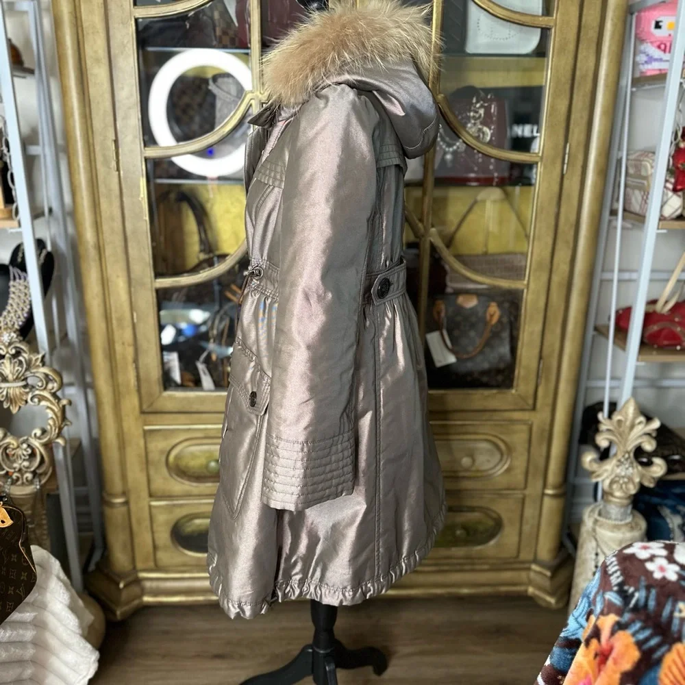 Burberry Blue Label‎ Fur Trim Hooded Parka Coat Nova Check Lining Size 40